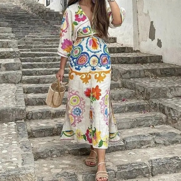 07 Boho Floral Tropical Print Cut out Short Sleeve Dress - Picture 4 of 7